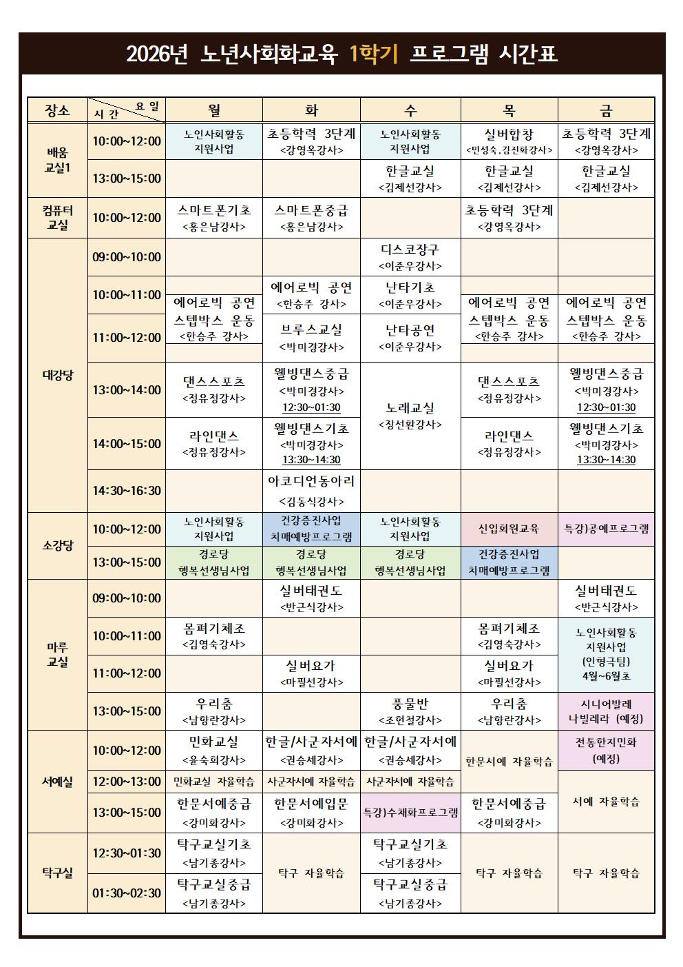 노년사회화교육사업 프로그램 시간표